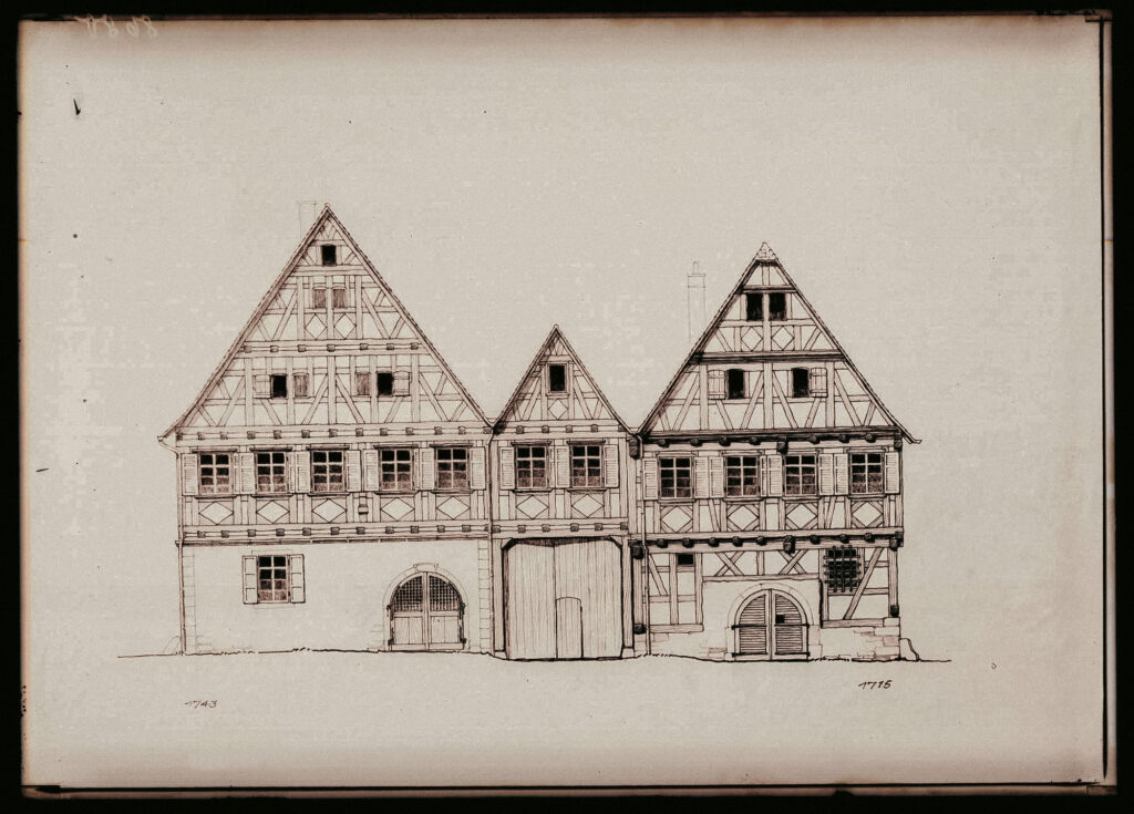 Alte Zeichnung von Fachwerkhäusern